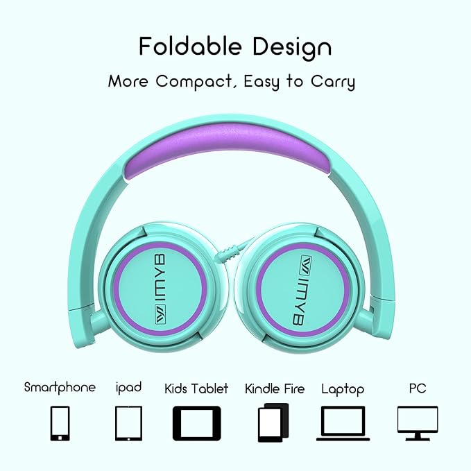 V1 Kids Headphones, Wired Stereo Foldable Tangle-Free 3.5mm Adjustable On-Ear Headphones for Kids for School/Toddlers/Childrens/Teens/Boys/Girls/Ipad/Tablet/Kindle/Phones/Travel/Plane (Green)