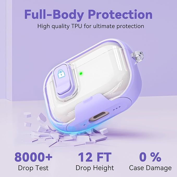for Airpods Pro 3 Case 2025, Anti-Yellowing Clear Case for Airpods Pro 3 with Secure Lock & Phone Stand, Soft TPU Drop Protection Cover with Cleaning Kit (Purple)