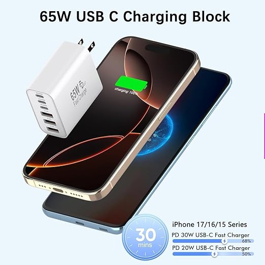 65W USB C Charger Block,2Pack Type C Charger Fast Charging Block, 6 Port GaN PD&QC Wall Plug 6in1 Multiport Power Adapter for iPhone 17 Pro Max/16e/15/14/13/12/11/SE/X/XS/XR,iPad Pro/Air,Galaxy