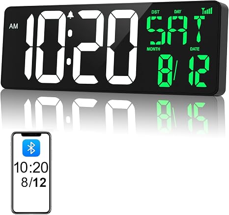 17" Large Digital Wall Clock, Bluetooth Sync, Auto Dimmer, Remote