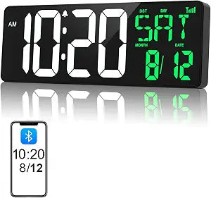 17" Large Digital Wall Clock, Bluetooth Sync, Auto Dimmer, Remote