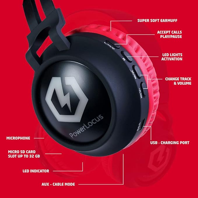 PowerLocus Kids Headphones Wireless, Bluetooth Headphones for Kids Over Ear, LED Lights, 85dB Safe Volume Limit, Foldable, Micro SD Mode, Built-in and Line-in Microphone for Phones,Tablets,Laptop