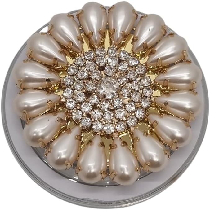Magnetic Phone Grip Stand, Compatible with MagSafe, Adhesive Metal Ring Included for Non-MagSafe Cases, Expanding Holder and Kickstand, Pearl and Crystal Design (Golden Pearl Sunflower)
