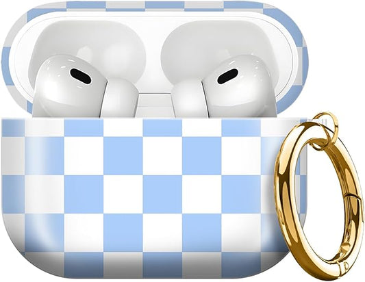 Compatible with AirPods Pro 3rd Generation 2025 Case Cover with Gold Keychain - Cute Protective Hard AirPod Pro 3 Cases for Women - Blue White Checkered
