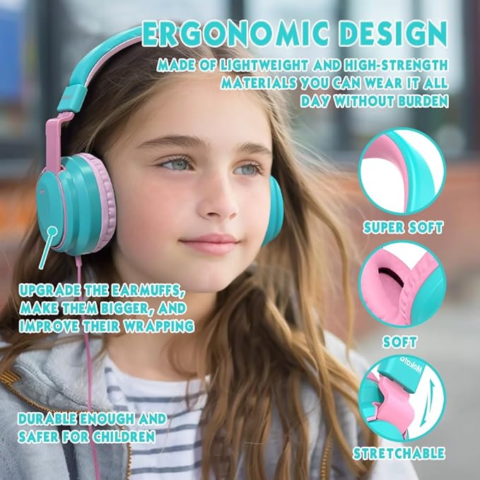 Headphone Kids Volume Limited 85/94dB Wired Over-Ear/On-Earr Foldable Headset with Inline Cable Aux 3.5mm Cord Mic for Toddler Boy Girl Child Back to School Study Pad Tablet Cyan