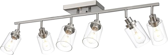 6 Light Track Lighting Kit Brushed Nickel Kitchen Track Lighting Fixtures Ceiling Mount Bathroom Vanity Wall Scones Light Fixture with Clear Glass, Rotatable Spotlight for Kitchen Shop Hallway
