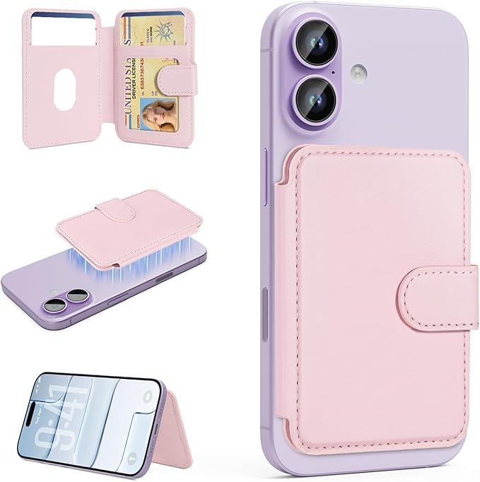TopMade for Magsafe Wallet, Strongest Magnetic Card Holder for iPhone 17/16/15/14/13/12 Series, Slim Magnetic Phone Wallet, 4 Cards Holder, Vegan Leather, RFID Blocking, Open ID Window, Pink