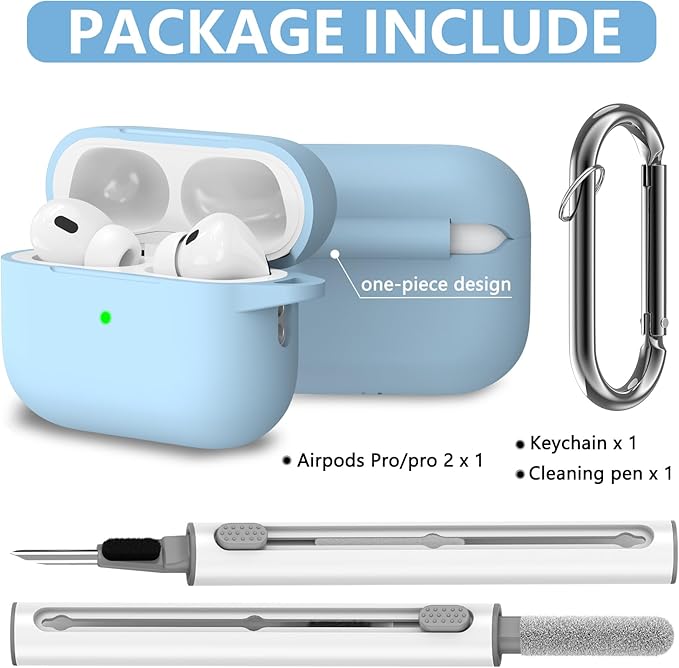Ljusmicker for AirPods Pro Case Cover with Cleaner Kit,Soft Silicone Protective Cover for Apple AirPods Pro 2nd/1st Generation Cases for Women Men,AirPod pro 2 Case Accessories with Keychain-Sky Blue