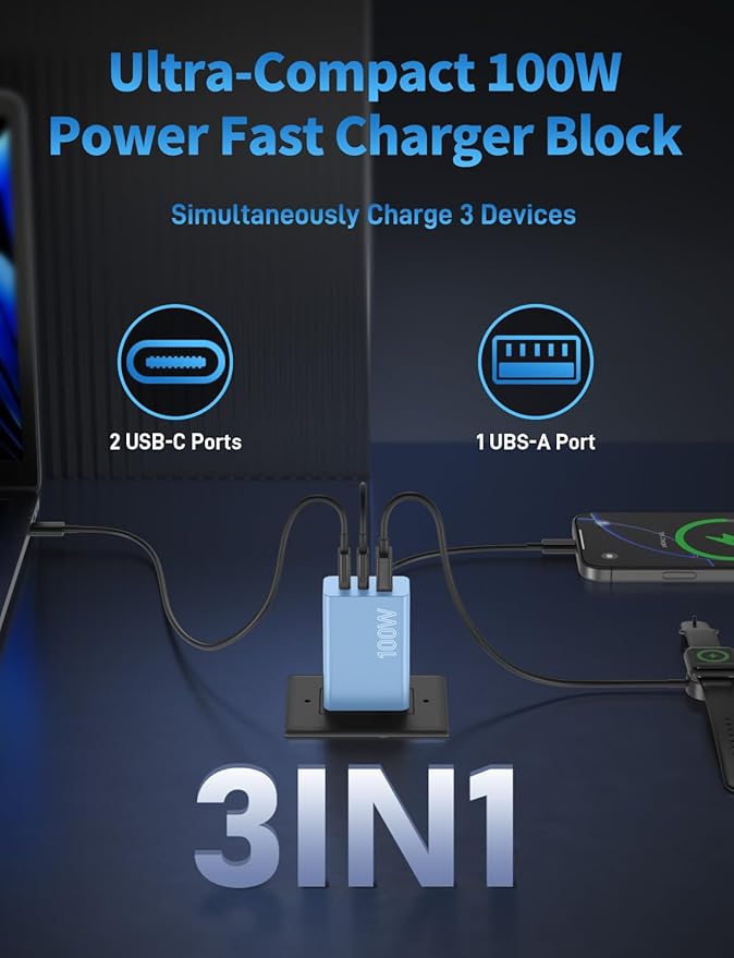 2Pack 100W USB C Charger Block, 3Port Fast Charging Adapter, Type C Fast Charging Blocks Cube PD USBC Wall Plug+QC3.0 USB A Charger Brick for MacBook Pro/Air,iPad,iPhone 17/16,Samsung S25 &More-Blue