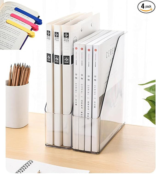 Acrylic Magazine Holder, 4 PCS File Magazine & Book Storage Rack for Office Desk, Clear Book Organizer with 3pcs Silicone Automatic Bookmarks (4)