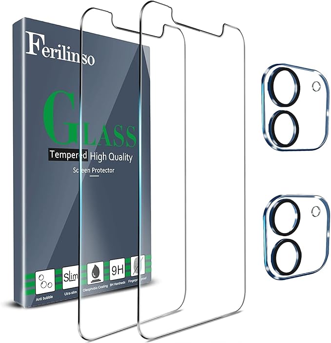 Ferilinso [4 Pack] 2 Pack Screen Protector for iPhone 12 with 2 Pack Camera Lens Screen Protector [Tempered-Glass] [Military Protective] [HD Clear] [Case Friendly] [Anti-Fingerprint] [Anti-Scratch]