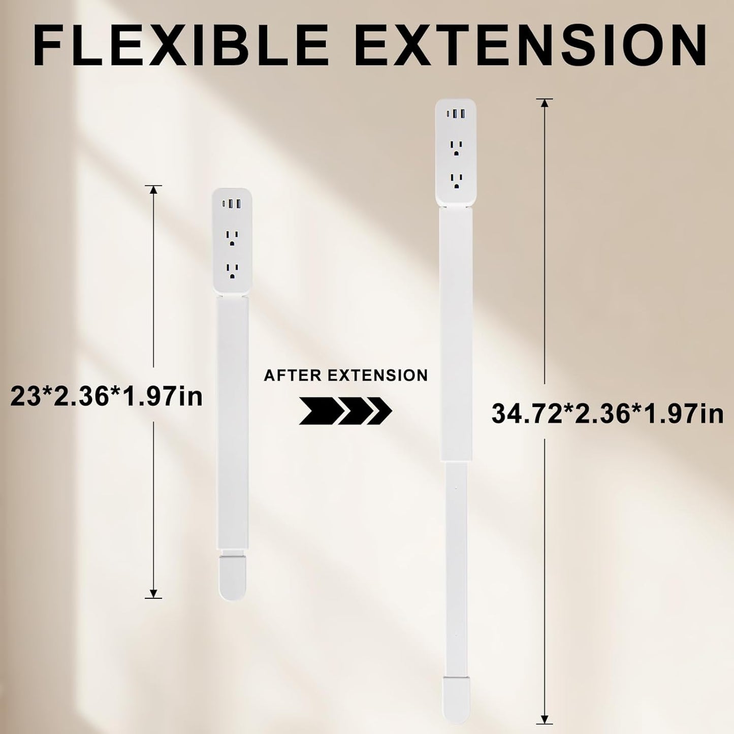Extendable Outlet Extender 22"-34" – 180° Rotating, 2 AC + USB-A + USB-C Ports