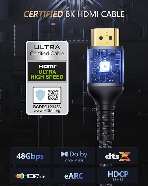 Stouchi 10K 8K HDMI Cable 6ft [Certified] 48Gbps Ultra High Speed for PS5, Xbox Series X, Apple TV 4K, Mac mini M4-10K 8K60Hz 4K120Hz 144Hz eARC HDR10+ Resolves Audio Sync & Screen Blackouts