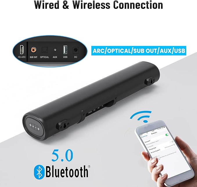 Sound Bar for TV, BT 5.0 Soundbar, 50 Watt 16 Inch Soundbars for Home Audio, Gaming, Projectors, TV Speakers Supports HDMI ARC/Optical/RCA/USB/AUX in and Sub Out Connection, Wall Mountable