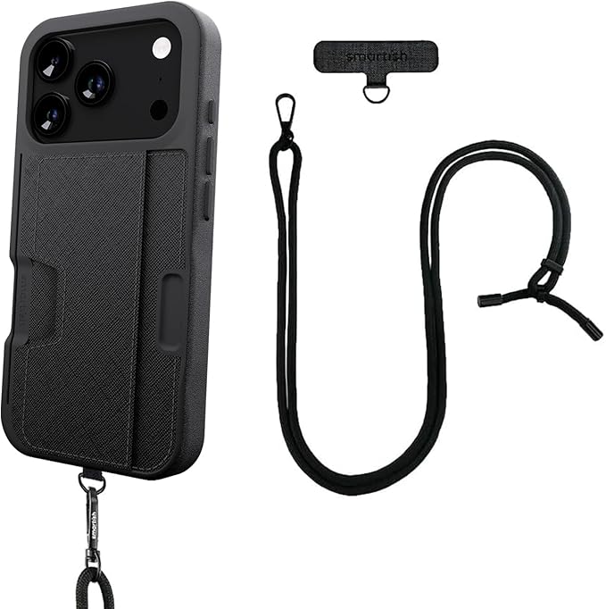 Smartish® iPhone 17 Pro Wallet Case + Crossbody Lanyard Strap - [Slim + Protective] Phone Case Credit Card Holder + Universal Detachable Shoulder Neck Strap for Apple iPhone 17 Pro - Black Tie Affair