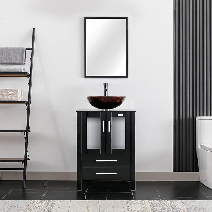 eclife 24" Modern Bathroom Vanity Sink Combo Freestanding Cabinet with Soft Closing Door, Brown Round Glass Vessel Sink, Water Save Faucet, Drain (Black+A09)