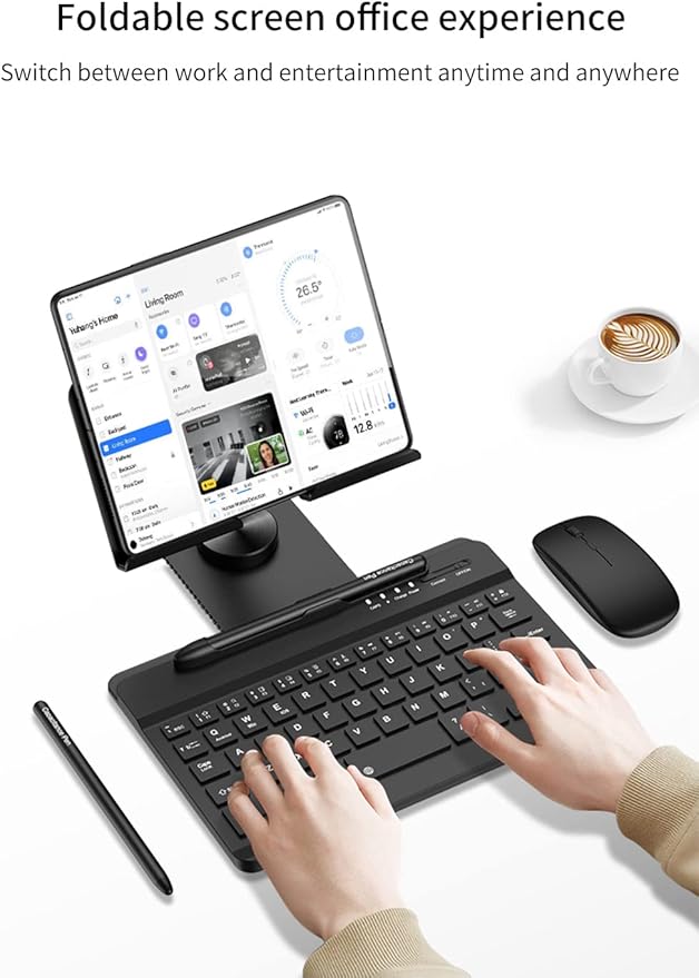 SHIEID Galaxy Z Fold 7 360° Rotating POS Tablet Stand, Zip Pull-Out, Integrated Folding Design Set with Folding Bracket, Keyboard, Mouse, Capacitor Pen?“Compatible with Galaxy Z Fold7//6/5/4/3, Silver
