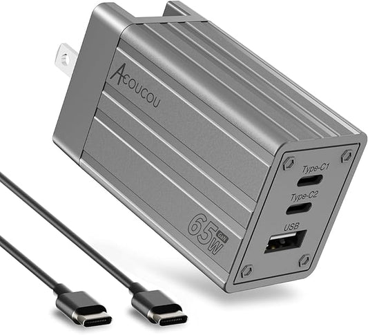 65W USB C Charger Block, GaN Fast Wall Charger,3-Port Type C Power Adapter with 6 Feet USB C Cable for iPad iPhone MacBook Air/Pro, Galaxy, Laptop,etc and More Series (Gray)