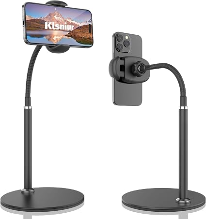 Cell Phone Stand, Adjustable Height & Angle Gooseneck Stand for Desk Flexible Arm Universal Holder, Aluminum Alloy Desktop Recording Compatible with 3.5"-7" Device (Black)