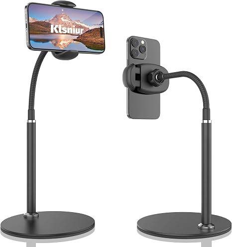 Cell Phone Stand, Adjustable Height & Angle Gooseneck Stand for Desk Flexible Arm Universal Holder, Aluminum Alloy Desktop Recording Compatible with 3.5"-7" Device (Black)