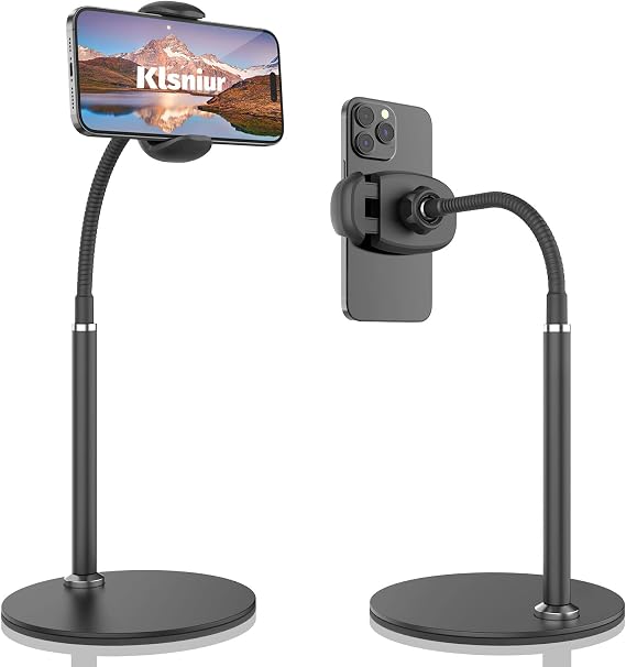 Cell Phone Stand, Adjustable Height & Angle Gooseneck Stand for Desk Flexible Arm Universal Holder, Aluminum Alloy Desktop Recording Compatible with 3.5"-7" Device (Black)