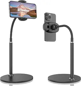 Cell Phone Stand, Adjustable Height & Angle Gooseneck Stand for Desk Flexible Arm Universal Holder, Aluminum Alloy Desktop Recording Compatible with 3.5"-7" Device (Black)