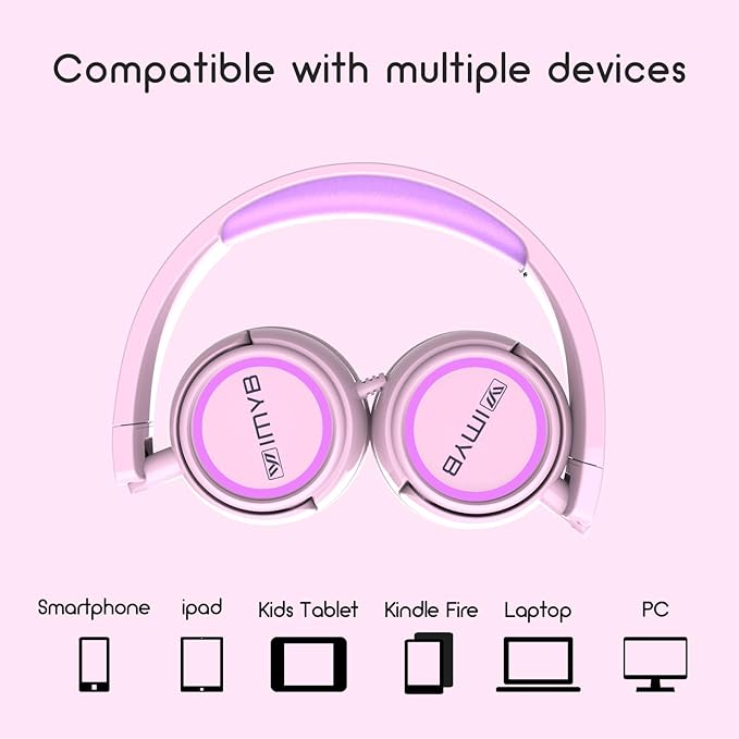 Kids Headphones, V1 Wired Stereo Foldable Tangle-Free 3.5mm Adjustable On-Ear Headphones for Kids for School/Toddlers/Childrens/Teens/Boys/Girls/Ipad/Tablet/Kindle/Phones/Travel/Plane (Pink)
