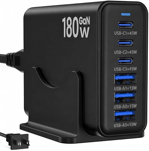 180W USB Charging Station, 6 Port Charger Block with 45W PD
