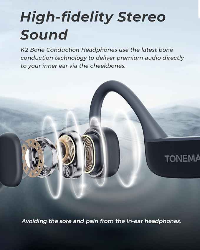 TONEAMC K2 Bone Conduction Headphones - Wireless Open-Ear Bluetooth 5.3 Sports Earbuds with Mic for Running, Workouts, and Cycling - Sweatproof and Comfortable Fit