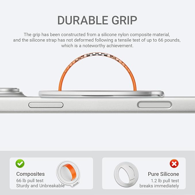 Grat 3 for Magsafe Magnetic Phone Grip Stand, 360° Rotatable Silicone Strap Phone Loop Holder, Detachable Ring Kickstand Compatible with iPhone 17 Pro Max Air 16 15 14 13 12, Silver