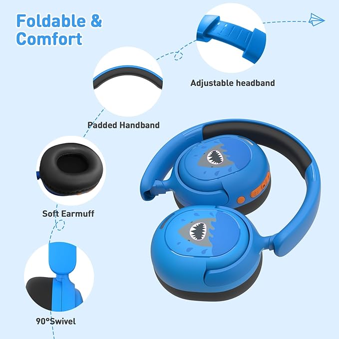 Kids Bluetooth Headphones, Wireless Headphones for Kids, 75/85/94dB Volume Limited, Built-in Mic, Fast Charging, Over-Ear Shark Childrens Boys Teens Headset for School/Tablet/Pad/Travel