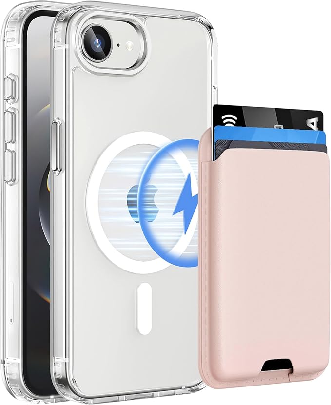 Magnetic for iPhone 17e Case & iPhone 16e Case Clear with Pink Detachable Wallet, Compatible with MagSafe, Military Protective Slim Phone Cover with Card Holder
