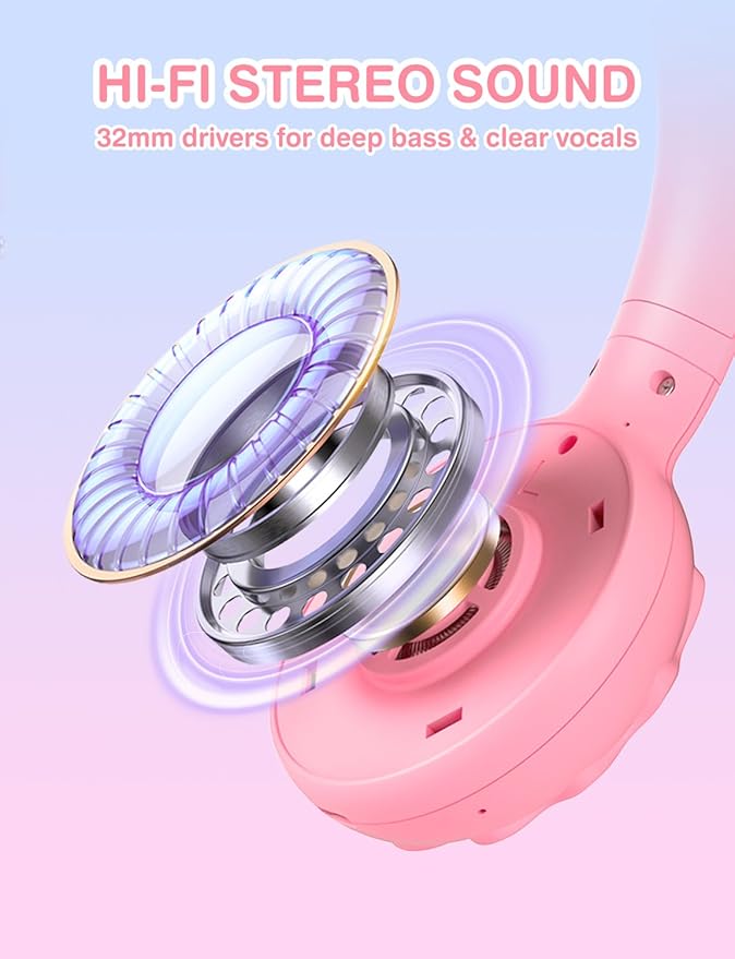 Kids Bluetooth Headphones, Rainbow LED Light, Unicorn Buddy, 85dB Volume Limited, 60 Hours Playtime, Bluetooth 5.3, USB C, Kids Wireless Headphones for iPad/Tablet/Travel/School, Durable