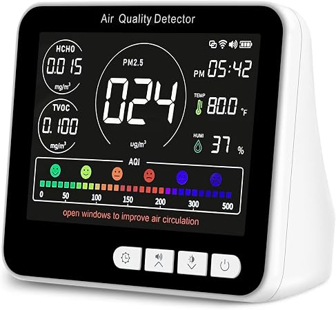 14 in 1 Air Quality Monitor Indoor with Beep Alarm, 6 AQI Air Quality Detector with PM1.0|PM2.5|PM10|HCHO|TVOC|AQI|Temperature|Humidity|Time for Home, Hotel, Office, Car, Battery Powered Air Monitor