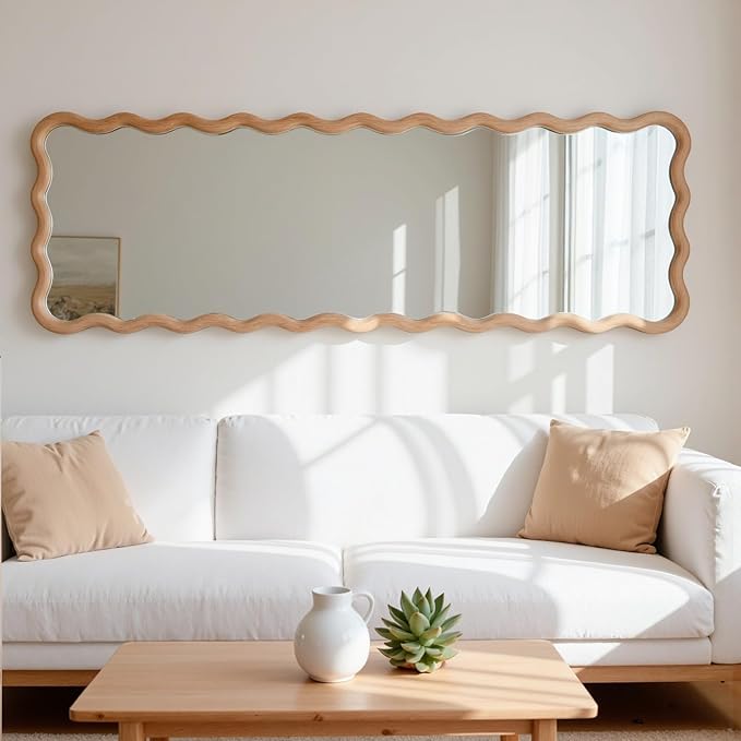 20"x63" Long Irregular Wavy Full Length Wall Mirror, Large Wood Framed Full Body Floor Mirror Leaning Against Wall for Dressing Bedroom Living Room Cloakroom Horizontal or Vertical Hanging Nature
