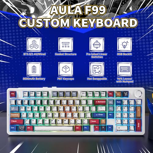 x Aula F99 Pro Mechanical Keyboard, Wireless Gaming Keyboards RGB Backlit Hot Swappable Custom Creamy Bluetooth Computer Keyboard, Tri-Mode BT5.0/2.4GHz/USB-C, Pre-lubed Switches PBT Keycaps - Image 3