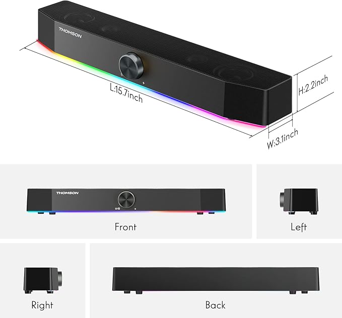 THOMSON Computer Speakers, Bluetooth Computer SoundBar, Dynamic RGB PC Speakers with 10W Stereo Sound, 3.5mm Aux-in Connection, USB Powered Computer Speakers for PC, Desktop Monitor, Laptop, Tablets