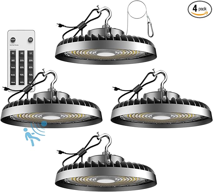 250W High Bay LED Shop Lights 37500lm UFO LED Lights AC100-277V UFO High Bay Light with Smart Control Supports Normal Mode & Motion Sensor Mode(Energy Saving)-4Pack