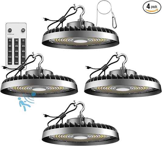 400W High Bay LED Lights with Motion Sensor, 60000LM Smart High Bay Shop Light, 𝐀𝐂𝟏𝟎𝟎-𝟐𝟕𝟕𝐕 UFO Commercial Lighting for Warehouse/Barn -4Pack