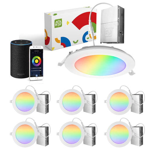 ASD 6 Pack LED Smart Recessed Lighting 6 Inch 12W, RGBW Color Changing Lights, Compatible with Alexa & Google Assistant, Dimmable 2700K-6500K Selectable RGB Lights, WiFi Bluetooth Ceiling Light, ETL