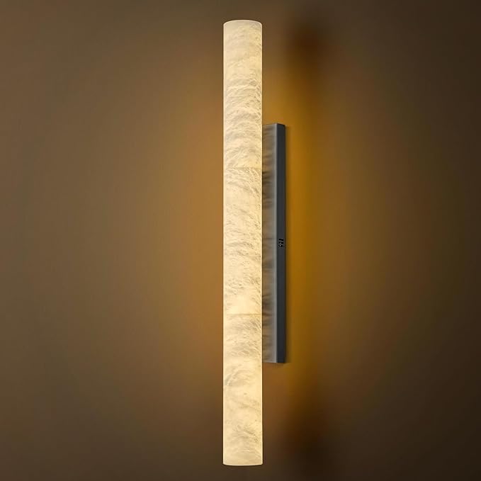 Natural Alabaster Wall Sconces, 36" Large Bronze Wall Sconce, Modern Gold LED Sconces, Cylinder Spanish Marble Sconce Perfect for Living Room, Bedroom, Hallway, Stairs