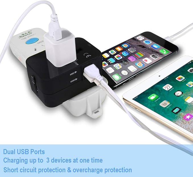 Travel Adapter, Worldwide All in One International Power Adapter Universal Adapter Plug with 2.1A Dual USB Charging Ports for Asia Europe UK AUS and USA (Black)