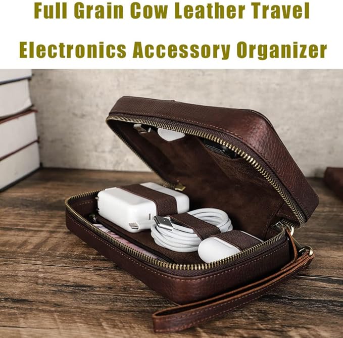 CONTACTS Electronic Organizer Travel Tech Case Leather Electronics Accessories Storage Box Vintage Portable Holder for Phone Charger Cables