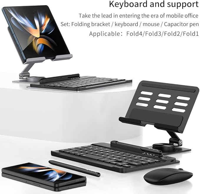 for Samsung Galaxy Z Fold 7/6/5/4/3 Adjustable Stand for Desk, Fully Foldable & Portable Keyboard Stand, Office Mobile Phone Stand Holder with Capacitor Pen and Bluetooth Mouse & Keyboard Set
