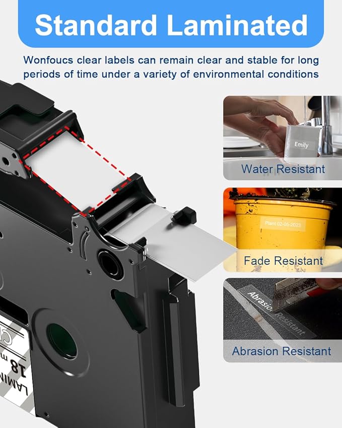 Wonfoucs TZ Tape White on Clear 18mm 0.7 Laminated Replacement for Brother TZe-145 TZe145 P Touch Label Tape Work with Brother Label Maker PTD600 PT-D610BT PT-D410 PTD400 PT-1830, 3/4 Inch, 4-Pack