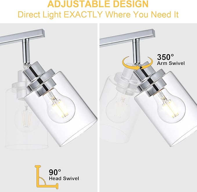 4-Light Track Lighting Kit Ceiling Kitchen Track Lighting Fixtures Chrome Bathroom Vanity Wall Lights with Clear Glass Multi-Directional Rotating Tracking Light Heads Spotlight for Accent Shop