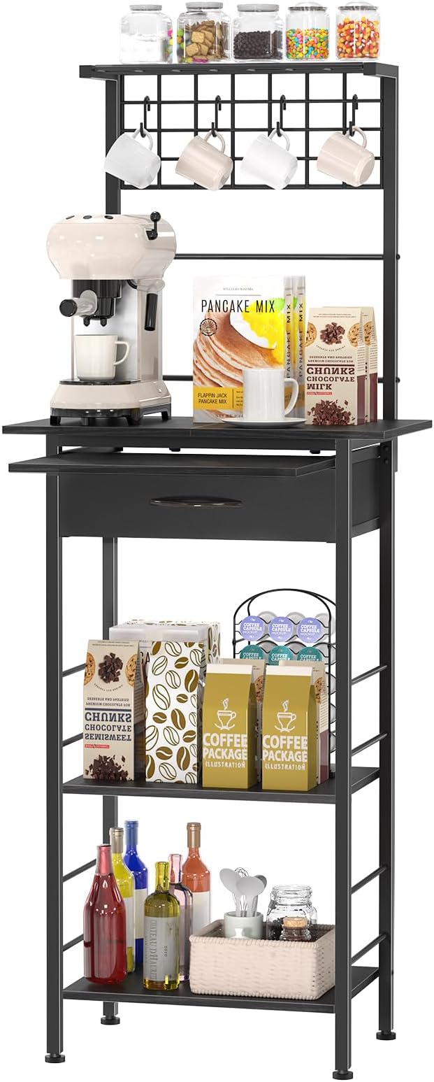 Coffee Bar Station,5 Tier Coffee Stand with Organizer Storage Drawers,Kitchen Corner Bakers Rack with 4 S-Shaped Hooks & Dual Wood,Kitchen Shelf for Small Spaces, Living Room,Entryway (Black)
