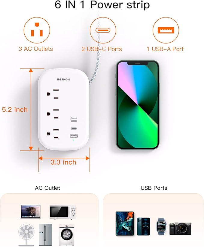 BESHON Flat Plug Power Strip, 3 Outlets with 3 USB Ports(2 USB C), Ultra Flat 3.2ft Wrapped Around Extension Cord for Cruise Ship, Travel, Dorm Room Essentials
