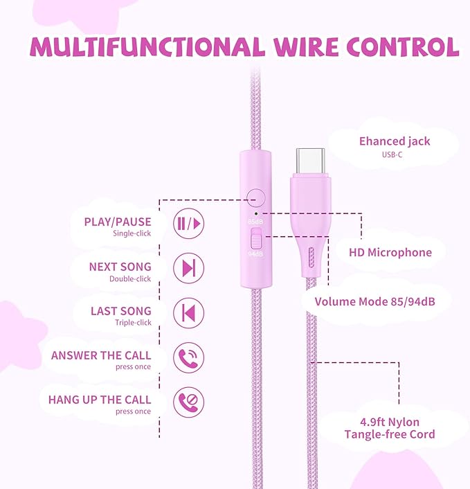 Kids Headphones Wired with USB C Plug, 85/94 dB Volume Limit Foldable USB Type C Headphones for Kids Girls, Plug in Headphones Corded Over Ear Wired Headphones for School/Tablet/Travel, Fuscia Pink