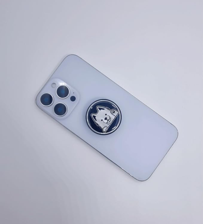 Korean Najeonchilgi Shell-Inlay Phone Grip Stand, Slim Round Phone Holder & Kickstand, Adhesive or Magnetic Back, Metal Ring Included - (Hello Puppy)